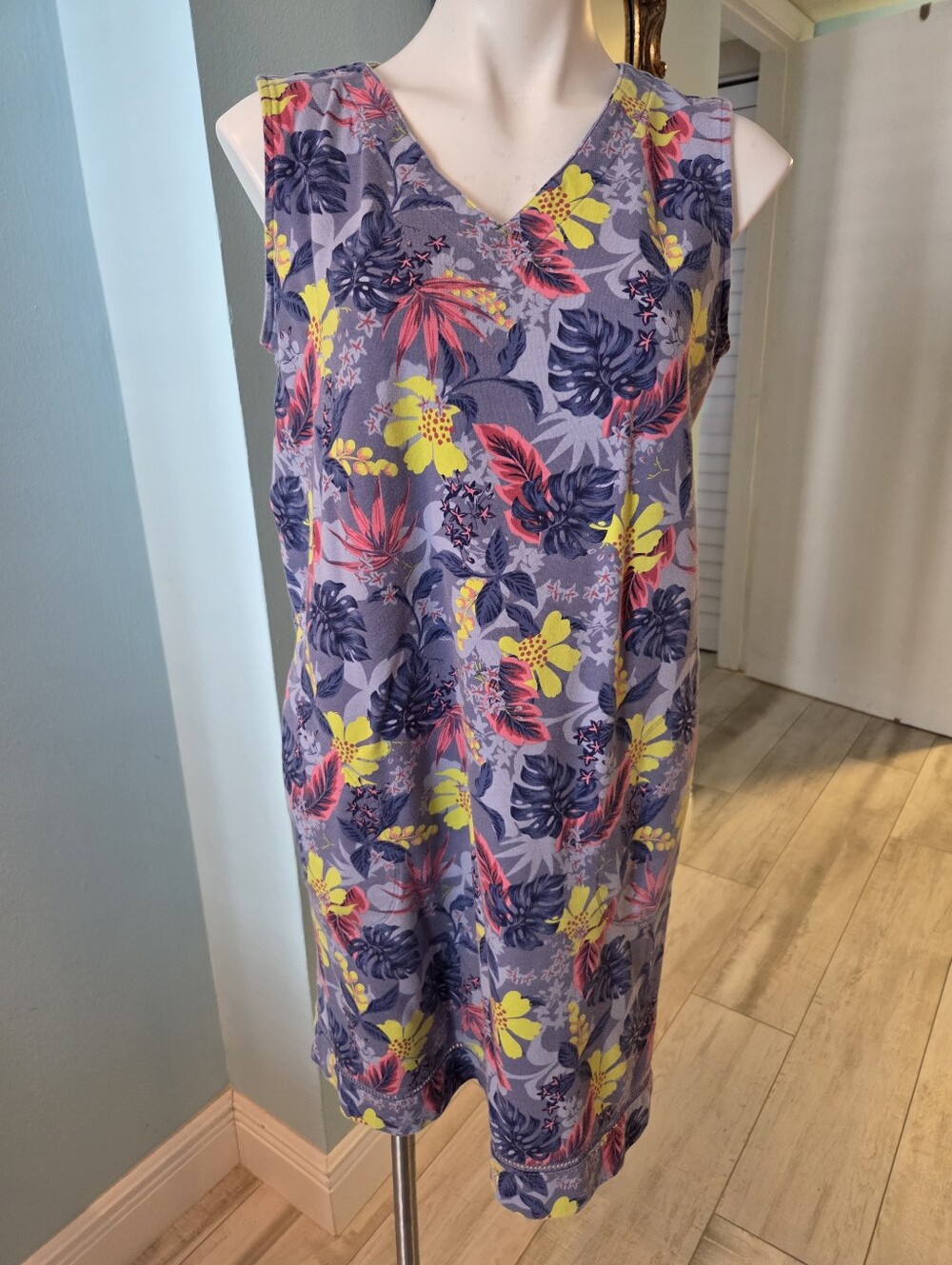 D&CO QVC Blue Tropical Print French Terry Dress